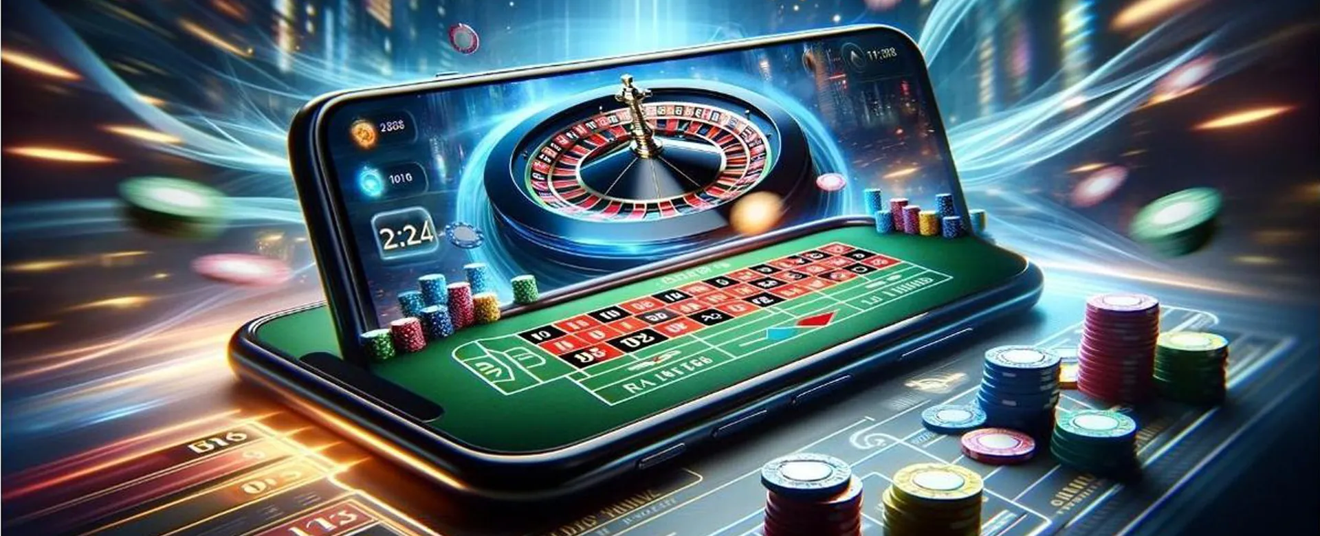 A dynamic scene of a luxurious 22ph live casino table with a professional dealer, vibrant game elements, and a blurred background showcasing the immersive atmosphere.